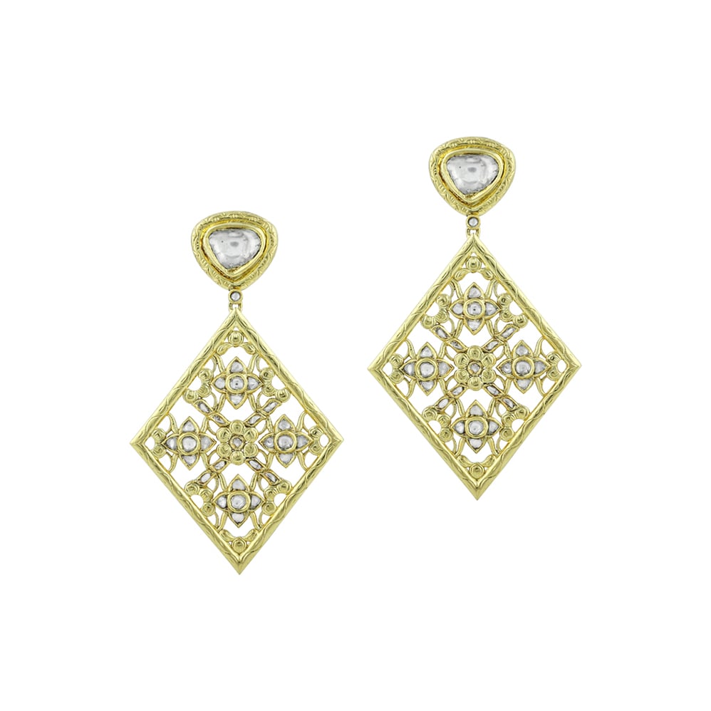 Polki Earrings with Gold Lattice Design